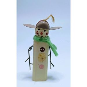 Vintage Handmade Tiny Wooden Snowman Metal Twig Arms Green Scarf